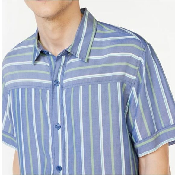 Mens Free Assembly Lightweight Striped Button Up Blue Short Sleeve Shirt XXL NWT - Picture 2 of 9